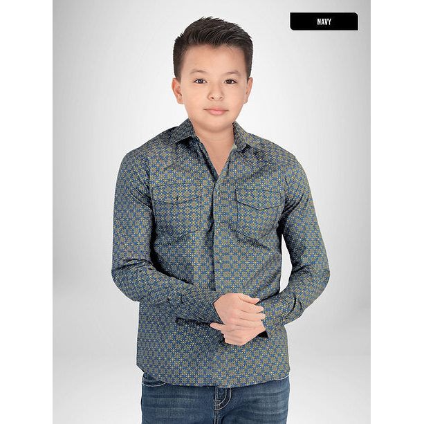 LAMASINI Boys' Navy Long Sleeve Western Shirt