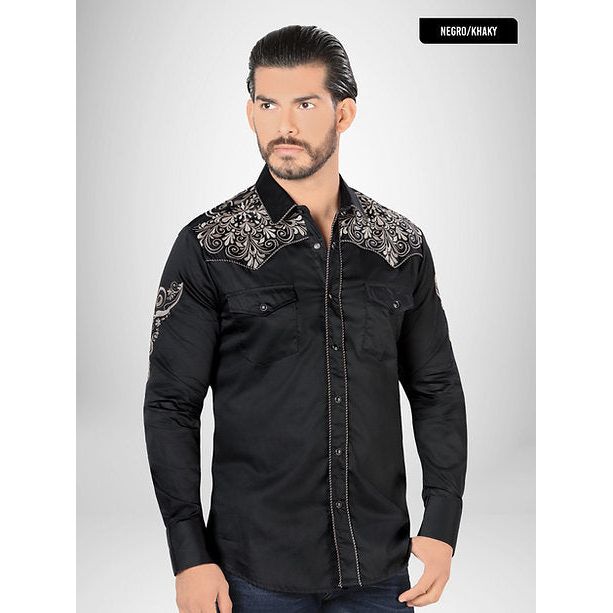 LAMASINI Men's Black Long Sleeve Embroidered Western Shirt