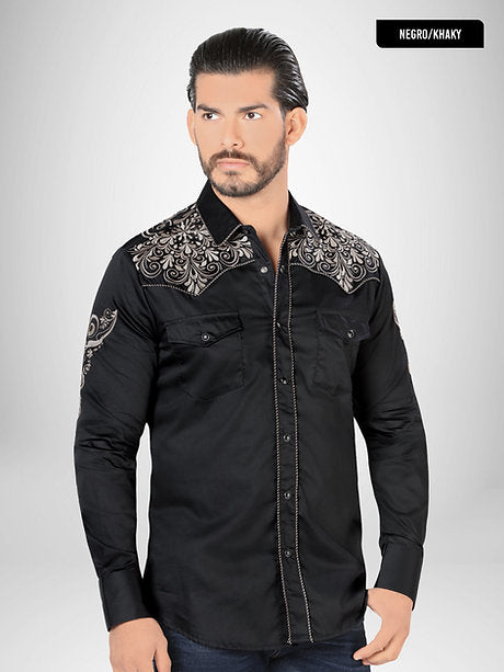 LAMASINI Men's Black Long Sleeve Embroidered Western Shirt