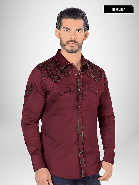 LAMASINI Men's Burgundy Long Sleeve Embroidered Western Shirt