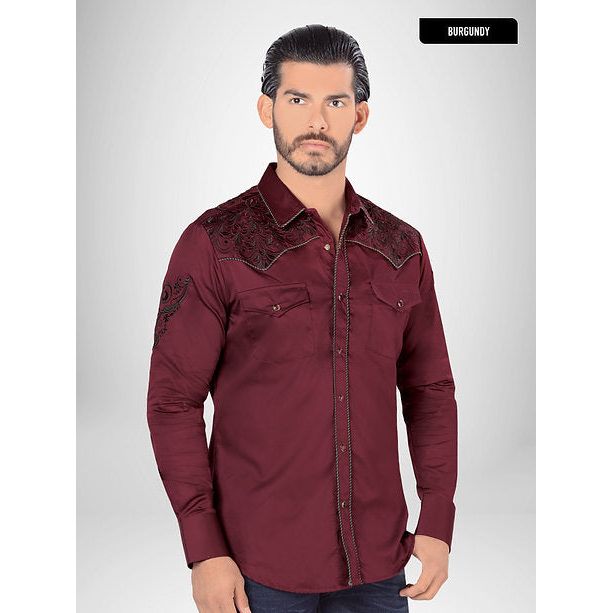 LAMASINI Men's Burgundy Long Sleeve Embroidered Western Shirt