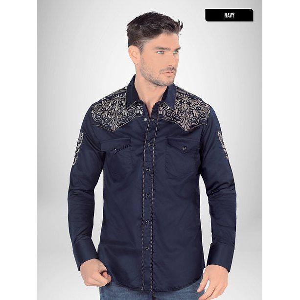 LAMASINI Men's Navy Long Sleeve Embroidered Western Shirt