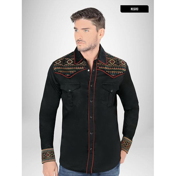 LAMASINI Men's Black Long Sleeve Embroidered Western Shirt