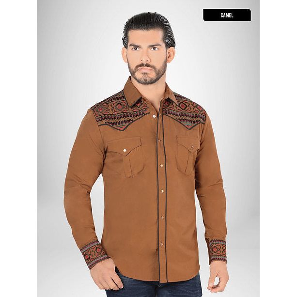 LAMASINI Men's Camel Long Sleeve Embroidered Western Shirt