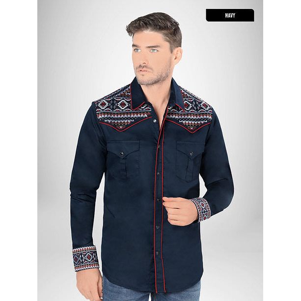 LAMASINI Men's Navy Long Sleeve Embroidered Western Shirt