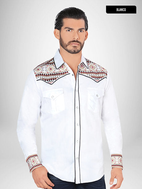 LAMASINI Men's White Long Sleeve Embroidered Western Shirt
