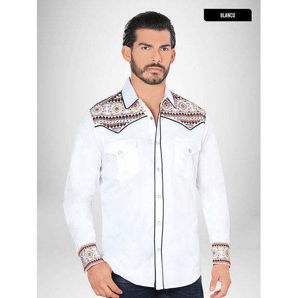 LAMASINI Men's White Long Sleeve Embroidered Western Shirt