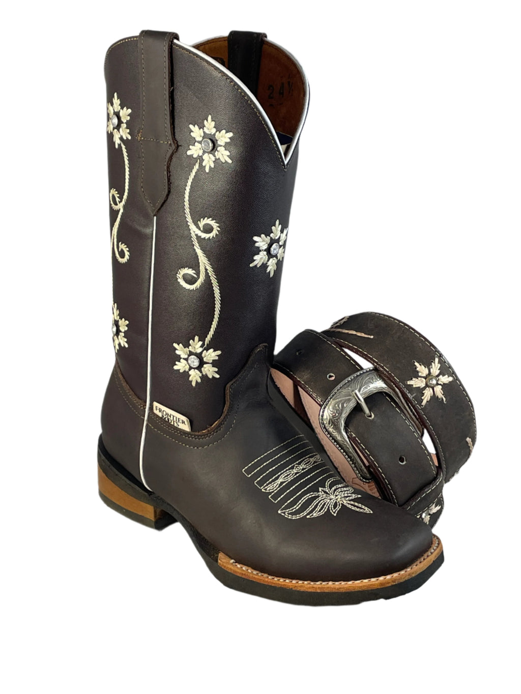 FRONTIER Women's Brown Western Boots - Square Toe - Free Belt