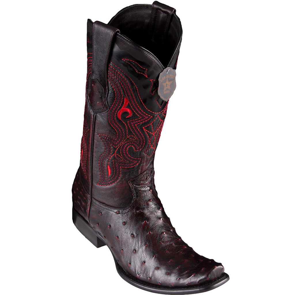 KING EXOTIC Men's Black Cherry Full Quill Ostrich Exotic Boots - Dubai Toe