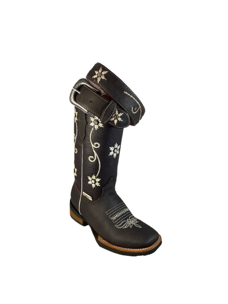 FRONTIER Women's Brown Western Boots - Square Toe - Free Belt