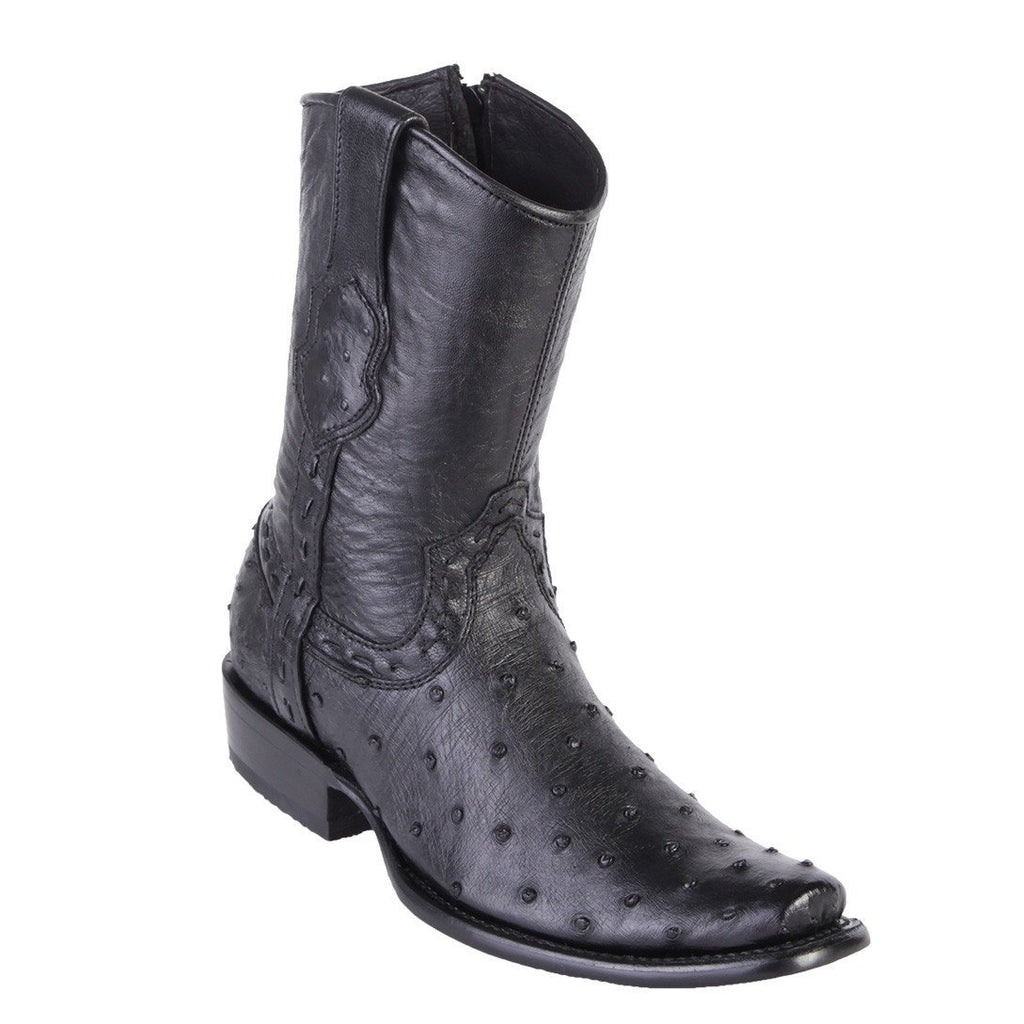 WILD WEST Men's Black Full Quill Ostrich Exotic Short Boots - Dubai Toe