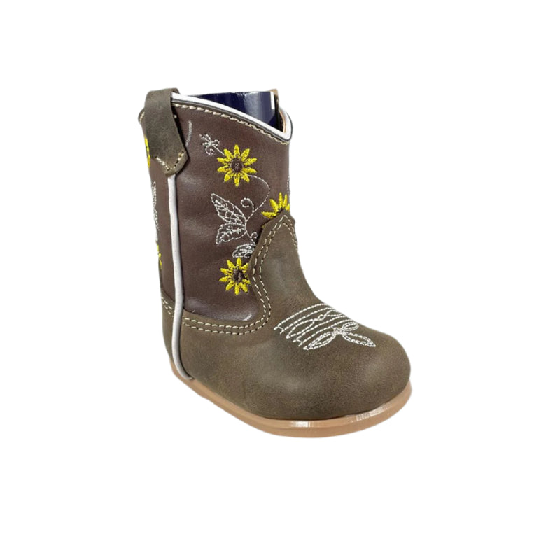 Baby Girls' Red Flowers Brown Western Boots Square Toe