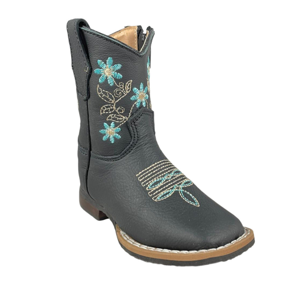 Baby Girls' Blue Flowers Black Western Boots