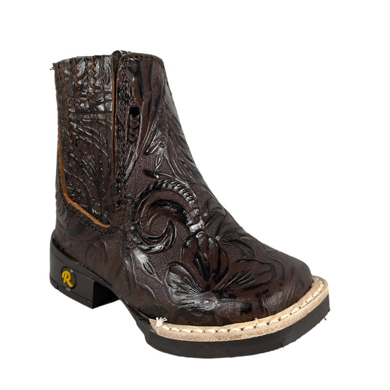 Kids Unisex Tooled Print Brown Western Ankle Boots