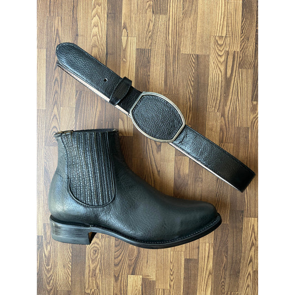 LA HACIENDA Men's Black Deer Print Ankle Boots - Rodeo Toe - Free Belt ...