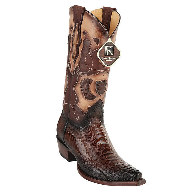 KING EXOTIC Men's Faded Brown Ostrich Leg Exotic Boots - Snip Toe
