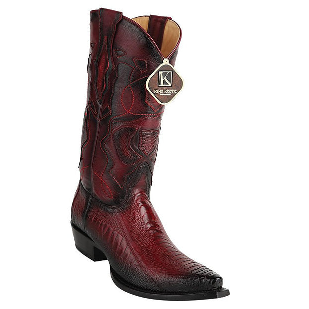 KING EXOTIC Men's Faded Burgundy Ostrich Leg Exotic Boots - Snip Toe