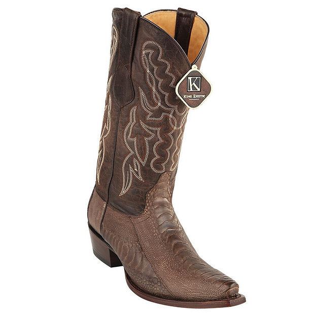 KING EXOTIC Men's Greasy Brown Ostrich Leg Exotic Boots - Snip Toe