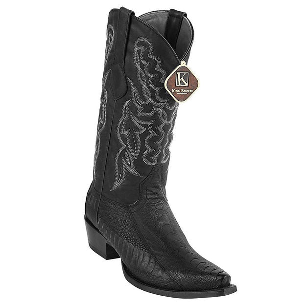 KING EXOTIC Men's Greasy Black Ostrich Leg Exotic Boots - Snip Toe