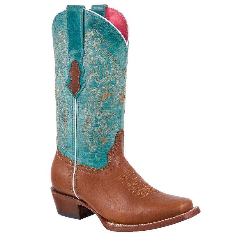 QUINCY Women's Cognac/Turquoise Western Boots - Square Toe