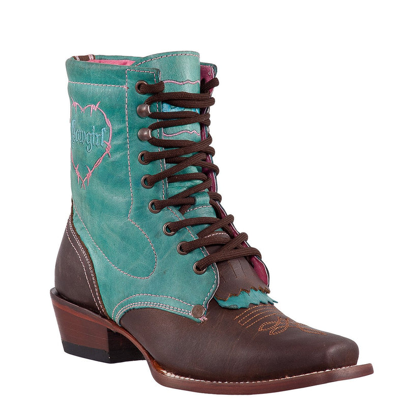QUINCY Women's Choco/Turquoise Lacer Boots - Square Toe