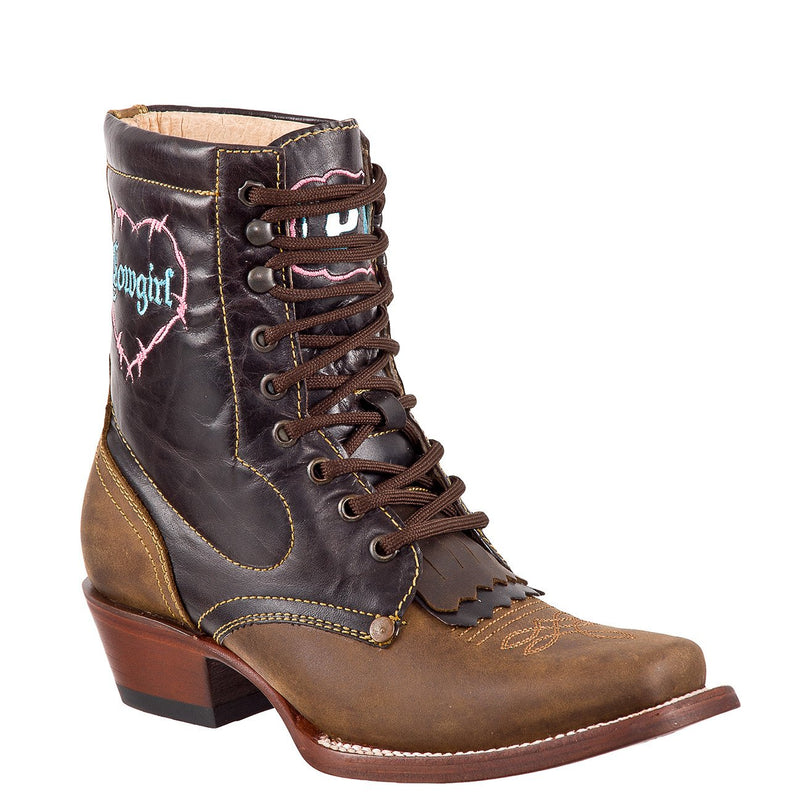 QUINCY Women's Choco/Turquoise Lacer Boots - Square Toe