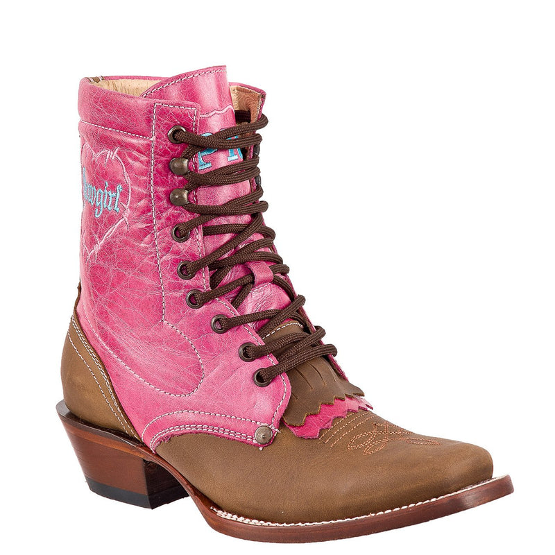 QUINCY Women's Honey/Pink Lacer Boots - Square Toe