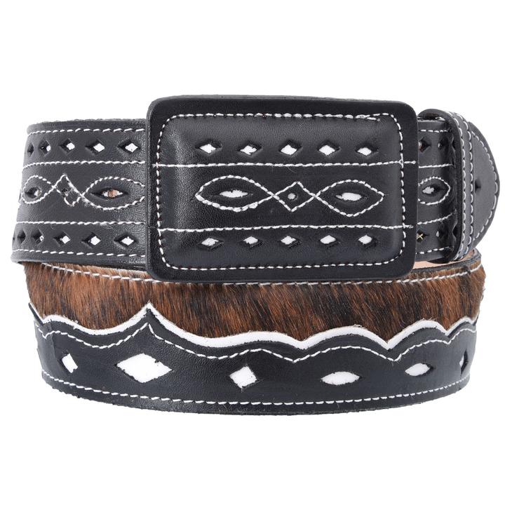 WHITE DIAMOND Men's Black Cow Hair Western Belt