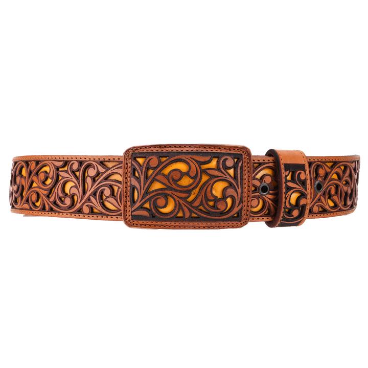 WHITE DIAMOND Men's Tan Laser Cut Western Belt